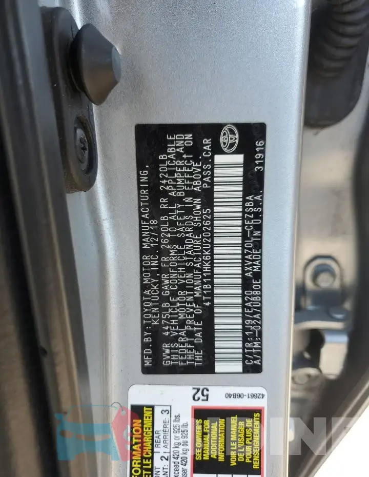 4T1B11HK6KU202625 Photo# 12