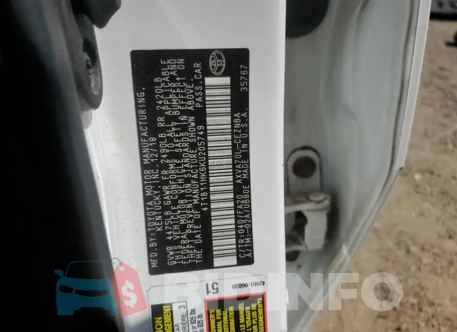 4T1B11HK6KU205749 Photo# 12