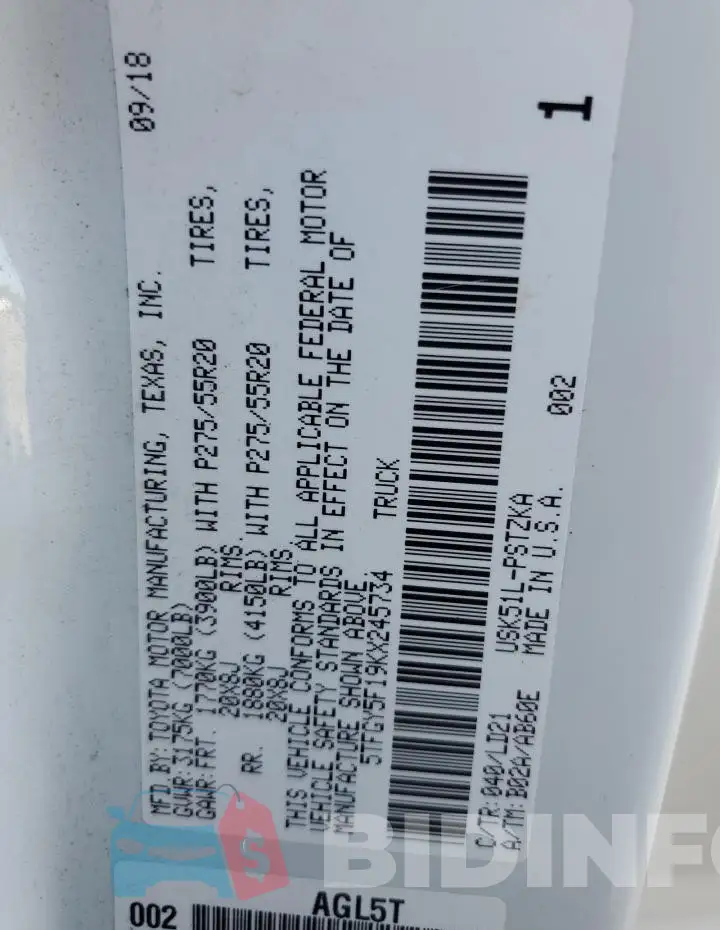 5TFGY5F19KX245734 Photo# 12