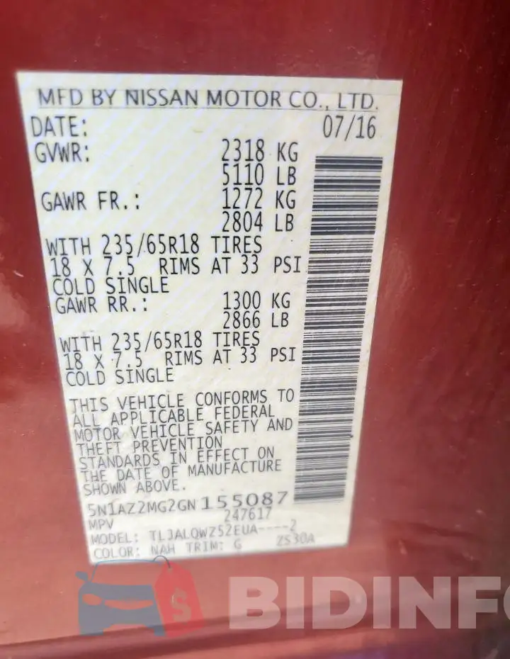 5N1AZ2MG2GN155087 Photo# 14