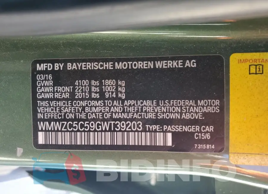 WMWZC5C59GWT39203 Photo# 12