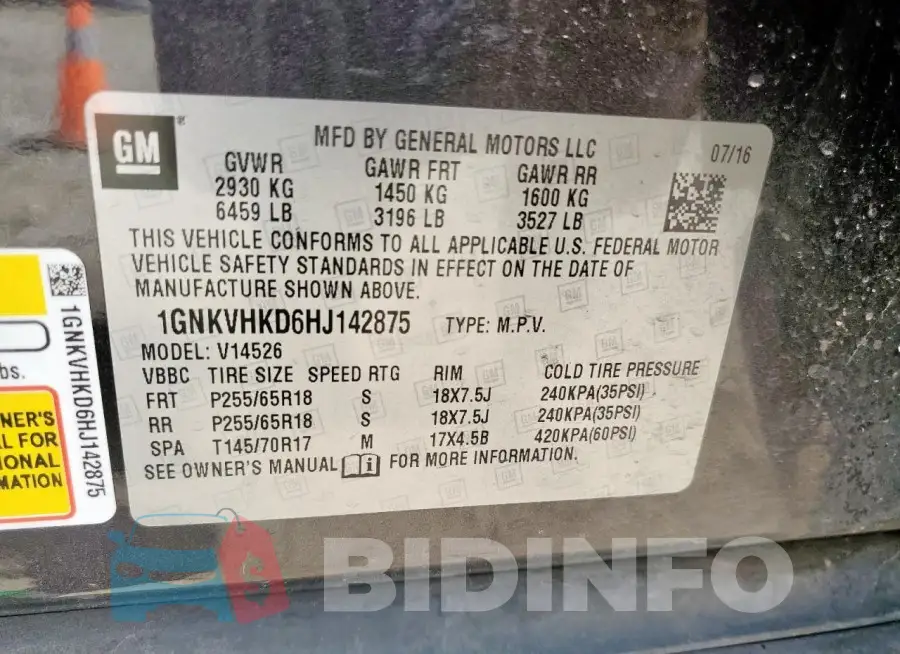 1GNKVHKD6HJ142875 Photo# 13