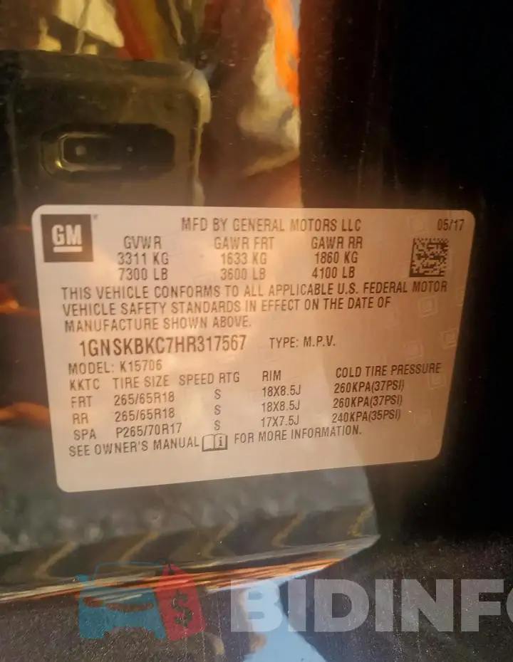 1GNSKBKC7HR317567 Photo# 14