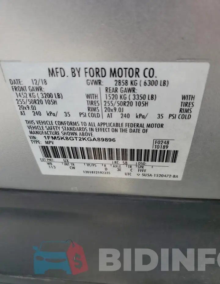 1FM5K8GT2KGA89896 Photo# 13
