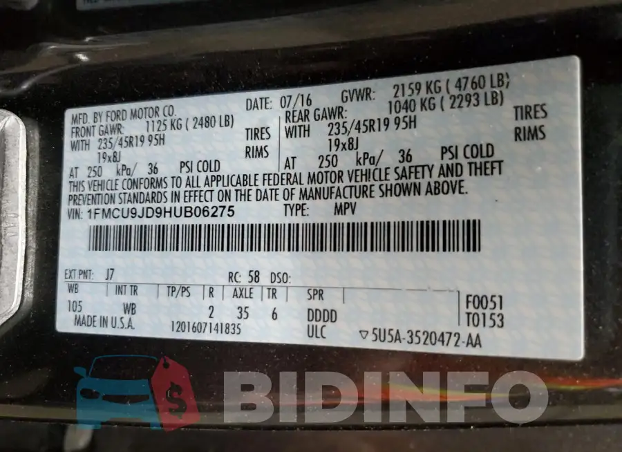 1FMCU9JD9HUB06275 Photo# 13