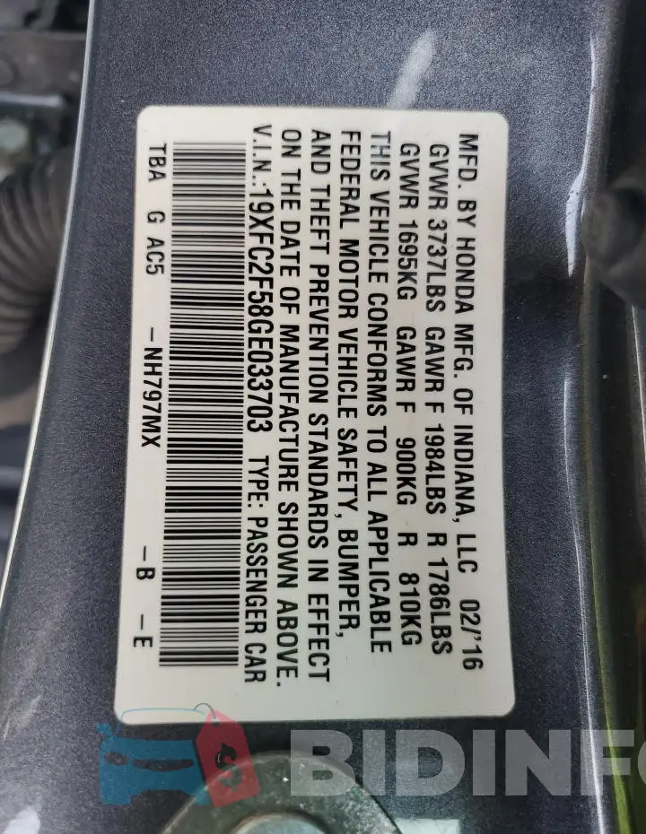 19XFC2F58GE033703 Photo# 12