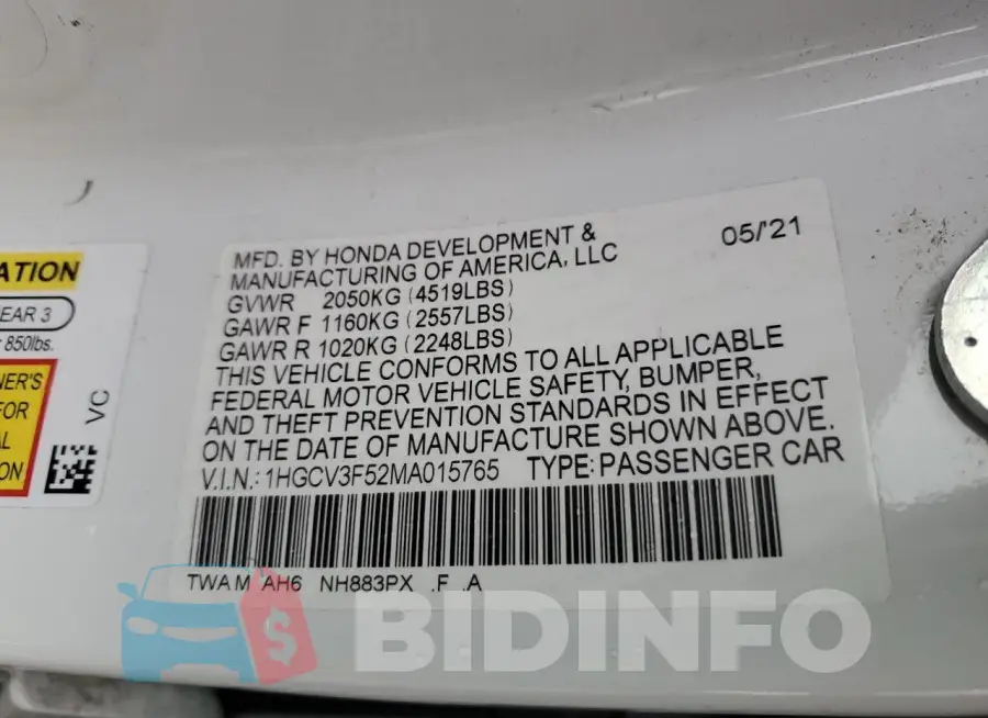 1HGCV3F52MA015765 Photo# 12