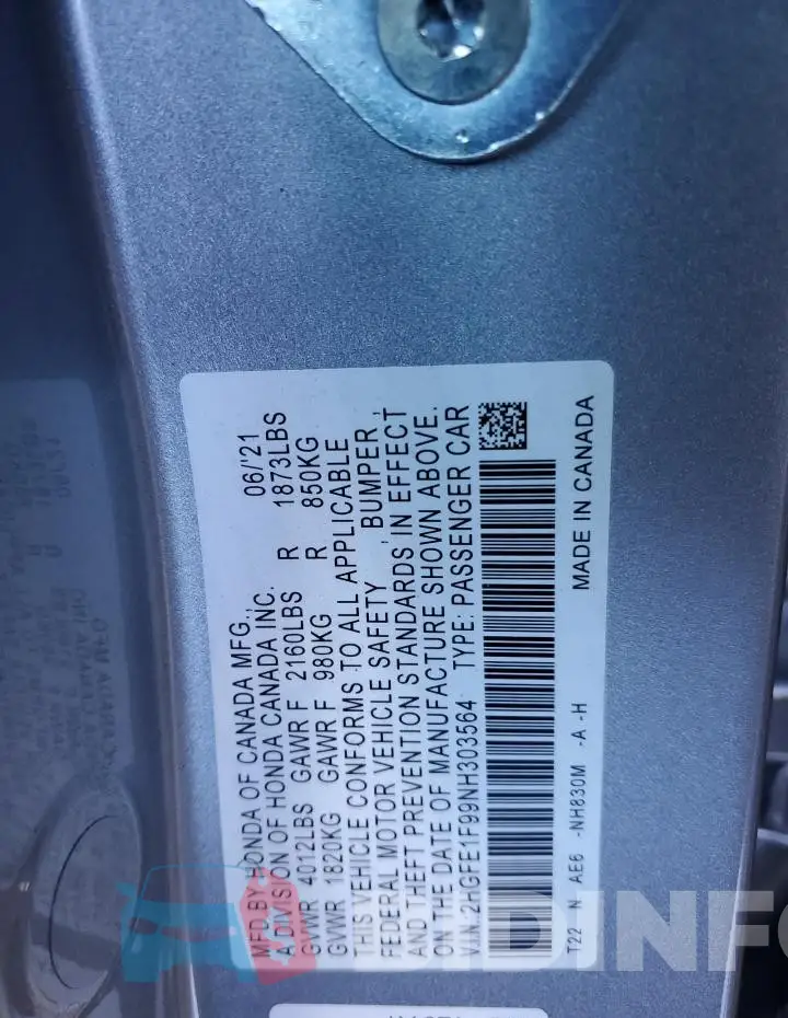 2HGFE1F99NH303564 Photo# 13