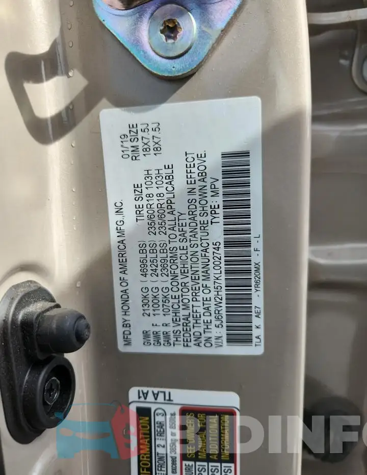 5J6RW2H57KL002745 Photo# 14