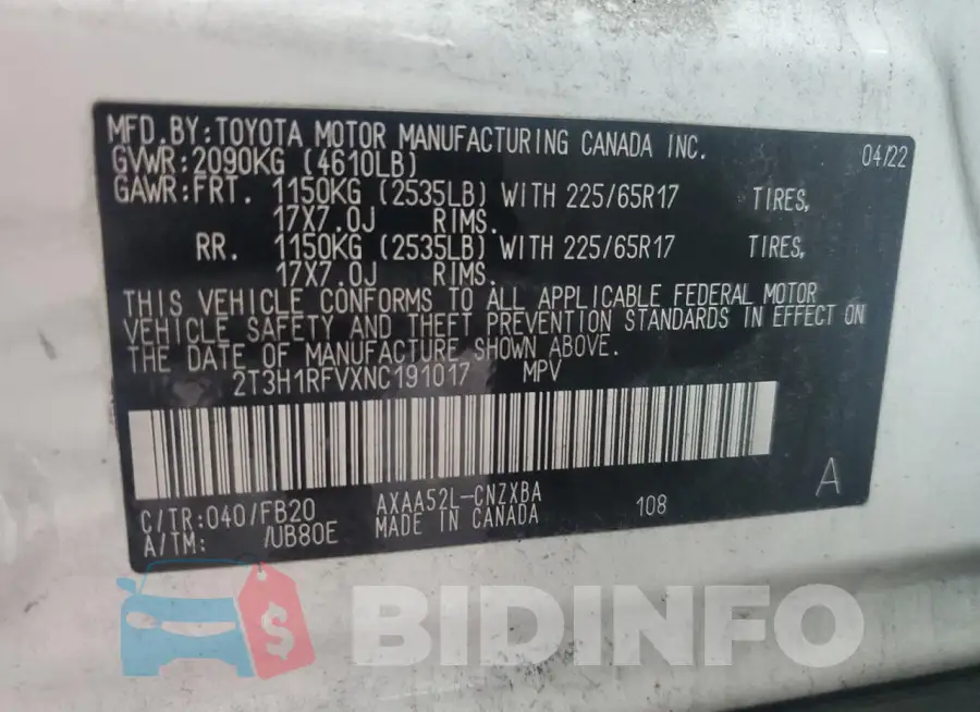 2T3H1RFVXNC191017 Photo# 13