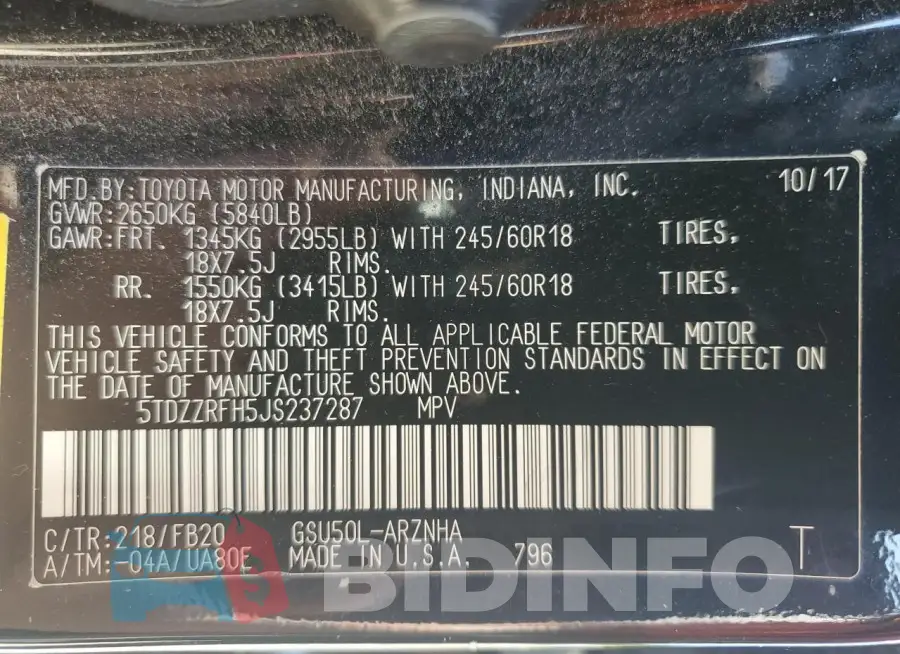 5TDZZRFH5JS237287 Photo# 14