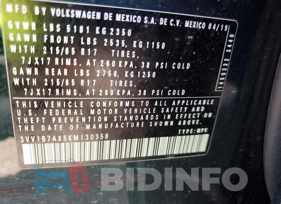 3VV1B7AX5KM130358 Photo# 14