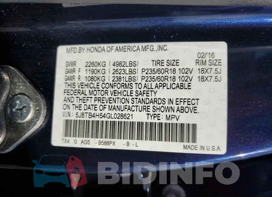 5J8TB4H54GL028621 Photo# 12
