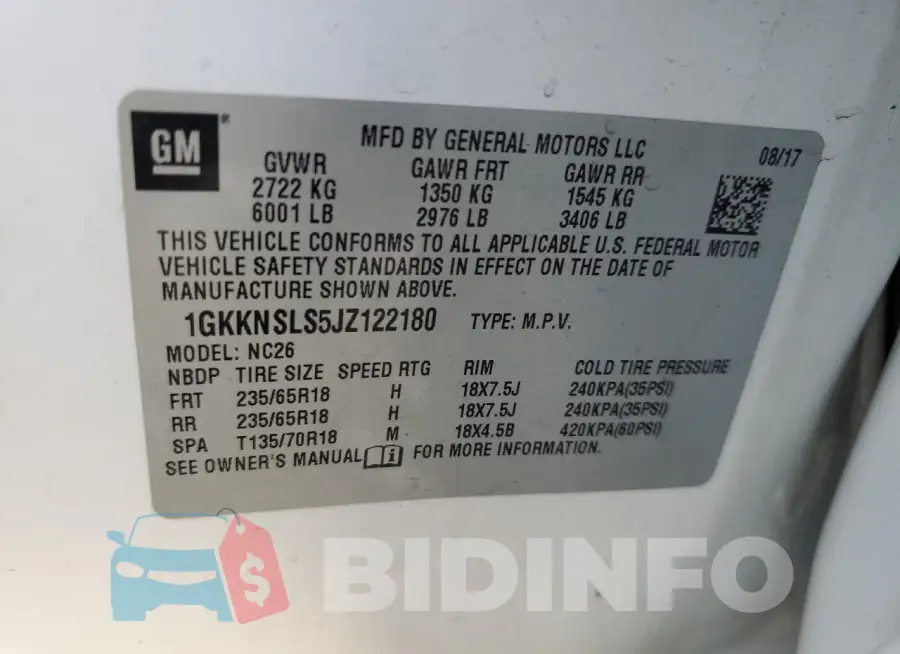 1GKKNSLS5JZ122180 Photo# 13