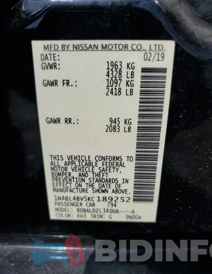 1N4BL4BV5KC189252 Photo# 12