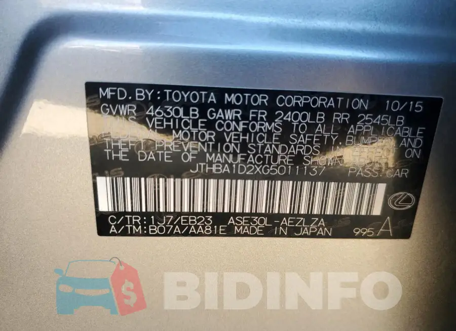 JTHBA1D2XG5011137 Photo# 12