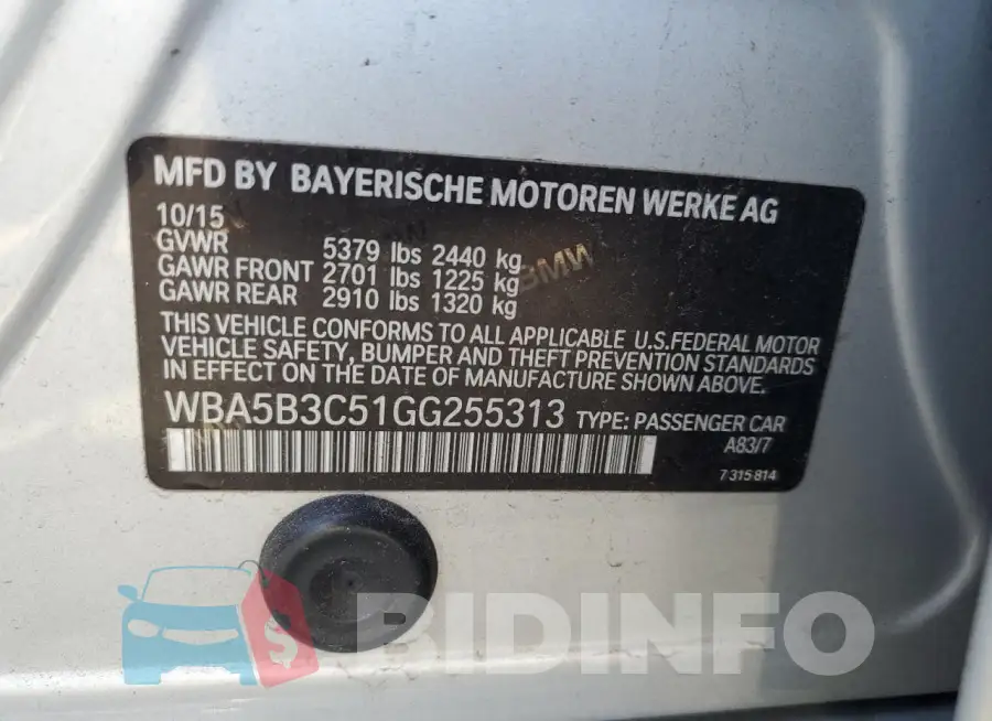 WBA5B3C51GG255313 Photo# 13