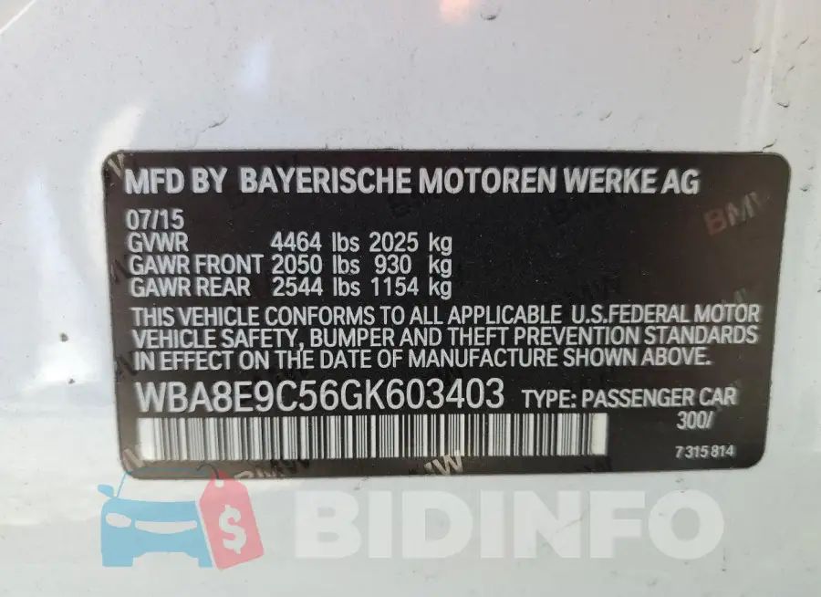 WBA8E9C56GK603403 Photo# 12