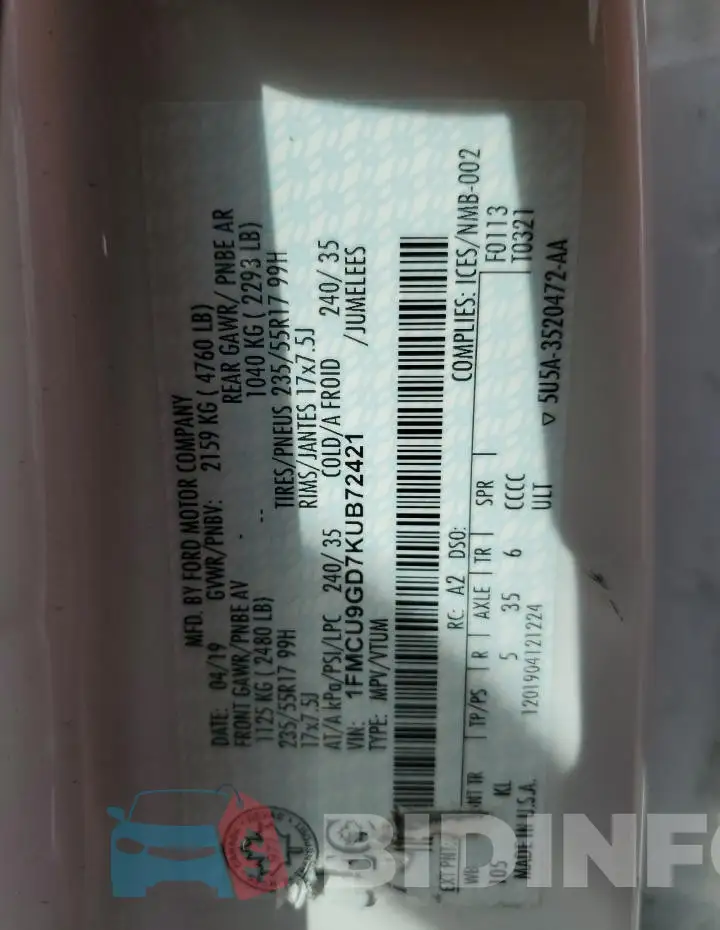 1FMCU9GD7KUB72421 Photo# 13