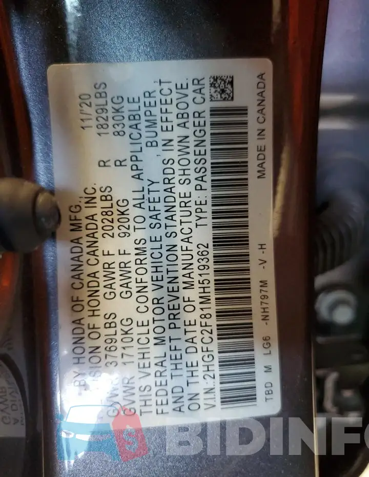 2HGFC2F81MH519362 Photo# 12