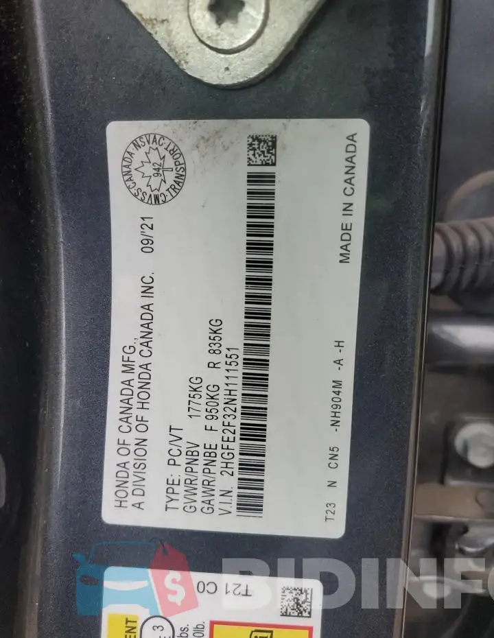 2HGFE2F32NH111551 Photo# 12