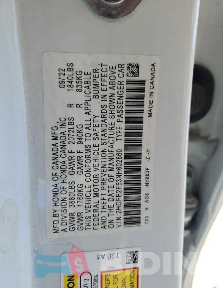 2HGFE2F53NH602860 Photo# 12