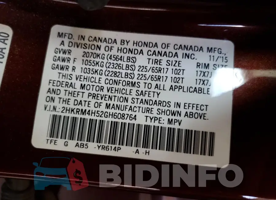 2HKRM4H52GH608764 Photo# 13
