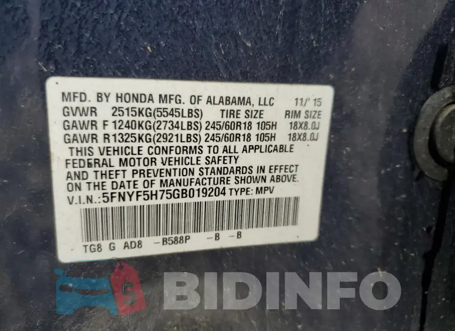 5FNYF5H75GB019204 Photo# 13