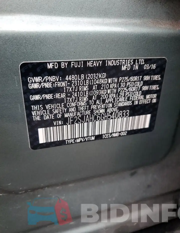 JF2SJAHC6GH540833 Photo# 14
