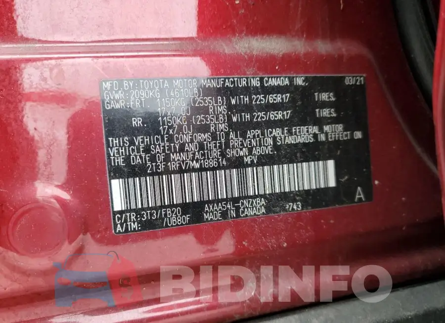 2T3F1RFV7MW188614 Photo# 14