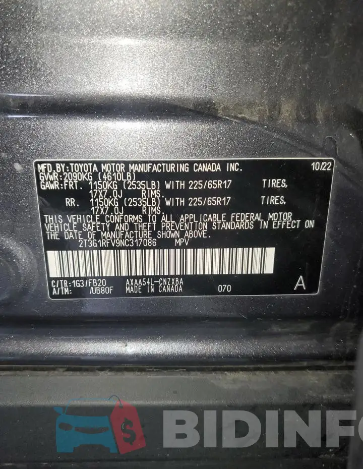2T3G1RFV9NC317086 Photo# 13