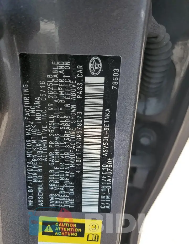 4T4BF1FK7GR578073 Photo# 12