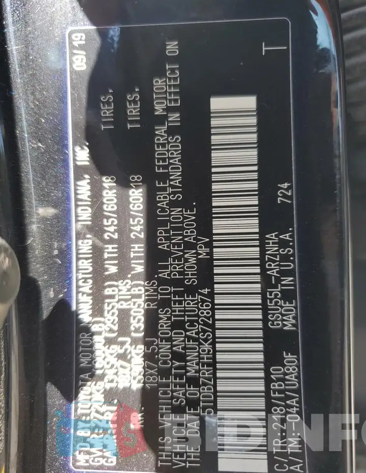5TDBZRFH9KS728674 Photo# 12