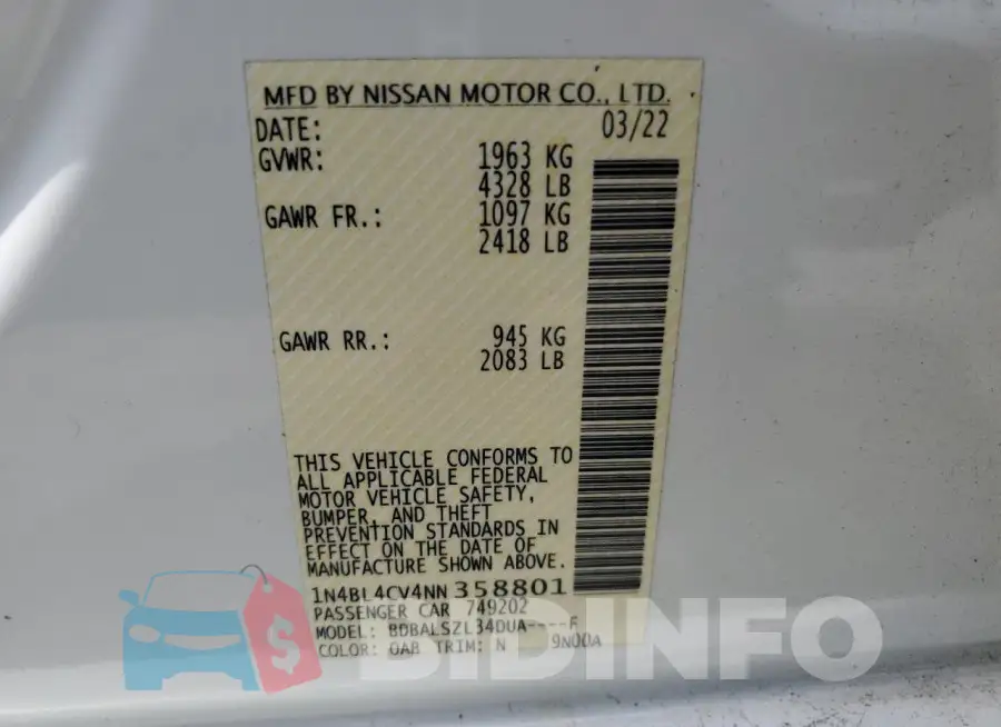 1N4BL4CV4NN358801 Photo# 12