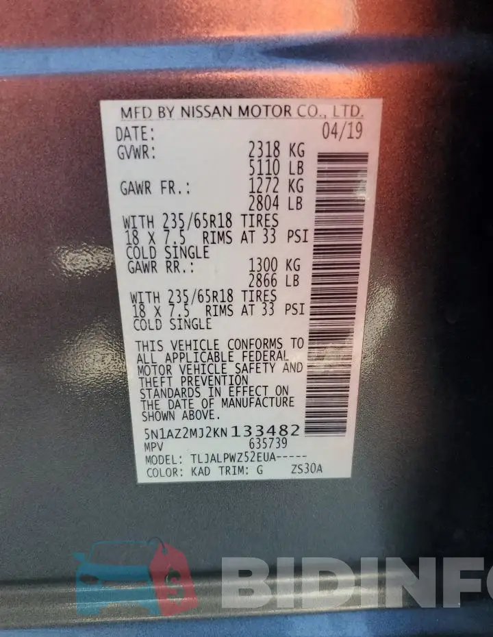 5N1AZ2MJ2KN133482 Photo# 12
