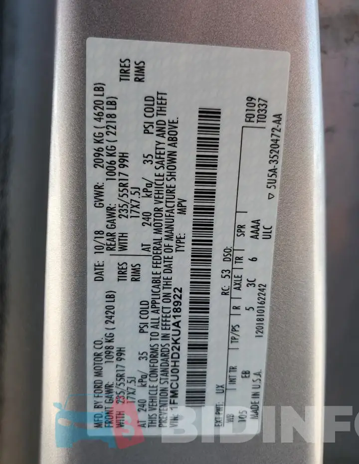 1FMCU0HD2KUA18922 Photo# 14