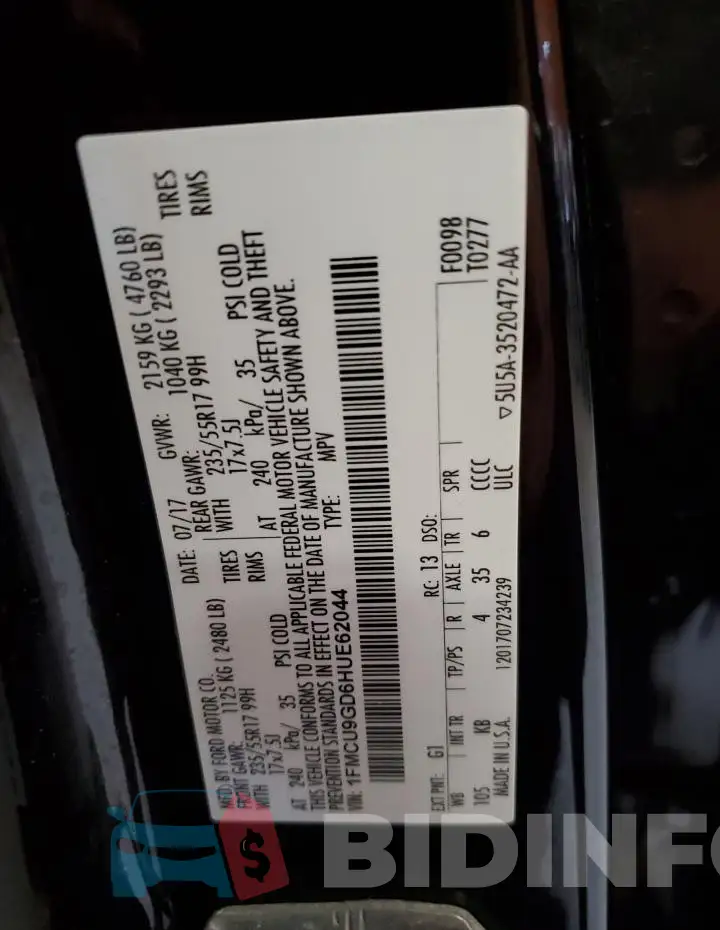 1FMCU9GD6HUE62044 Photo# 14