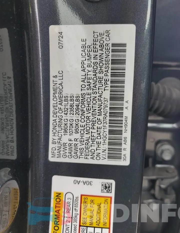 1HGCY1F37RA079737 Photo# 12