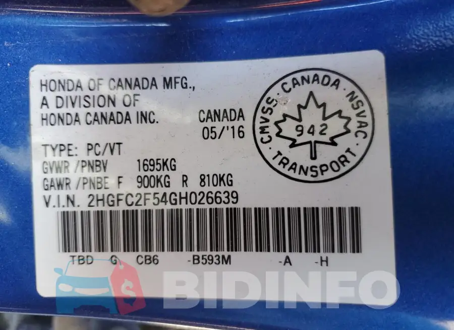 2HGFC2F54GH026639 Photo# 13