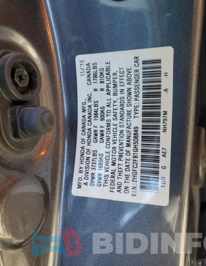 2HGFC2F81GH508849 Photo# 13