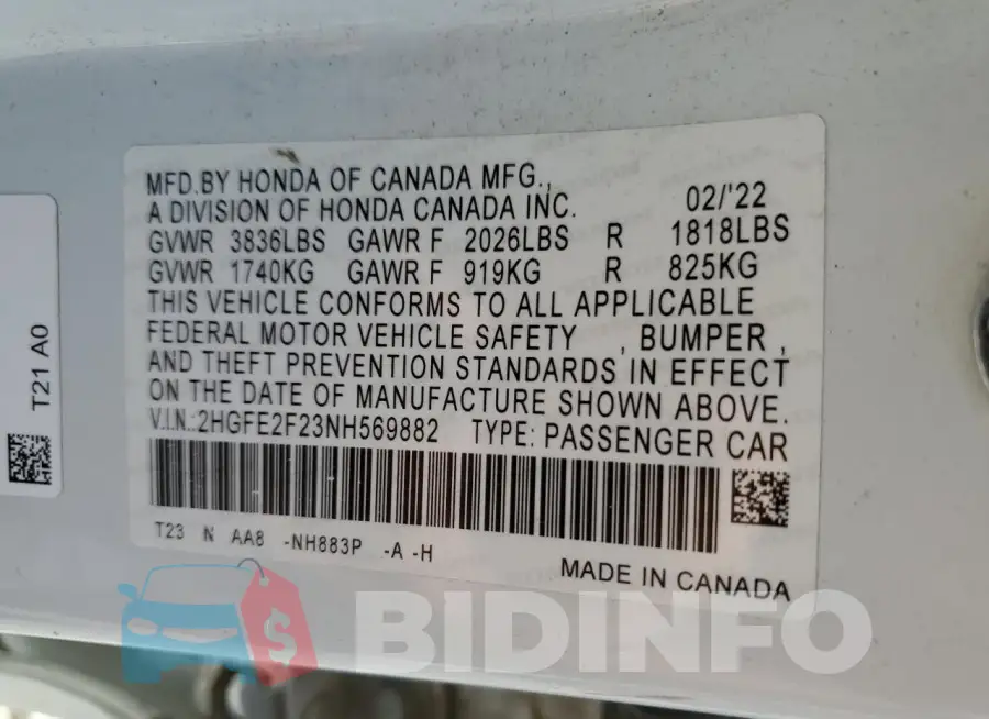 2HGFE2F23NH569882 Photo# 12