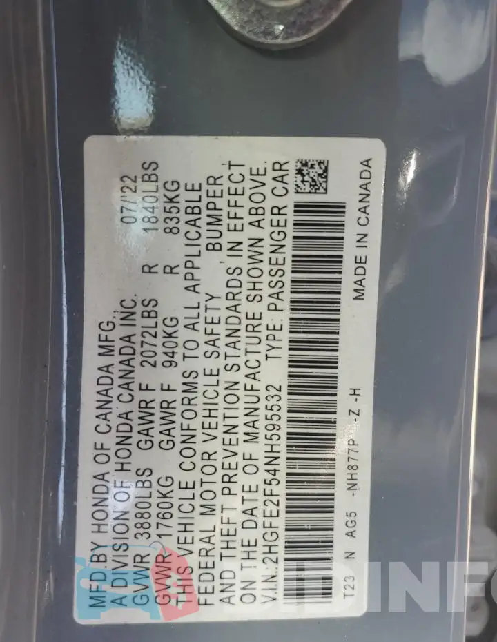 2HGFE2F54NH595532 Photo# 13