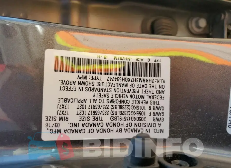 2HKRM3H7XGH534747 Photo# 14