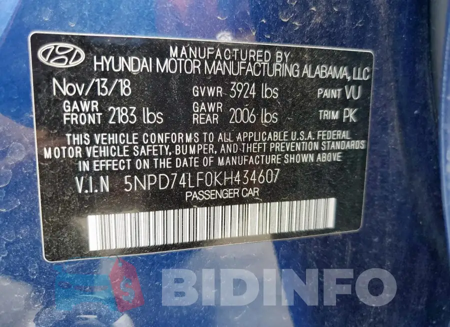 5NPD74LF0KH434607 Photo# 12