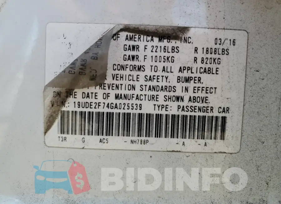 19UDE2F74GA025539 Photo# 13