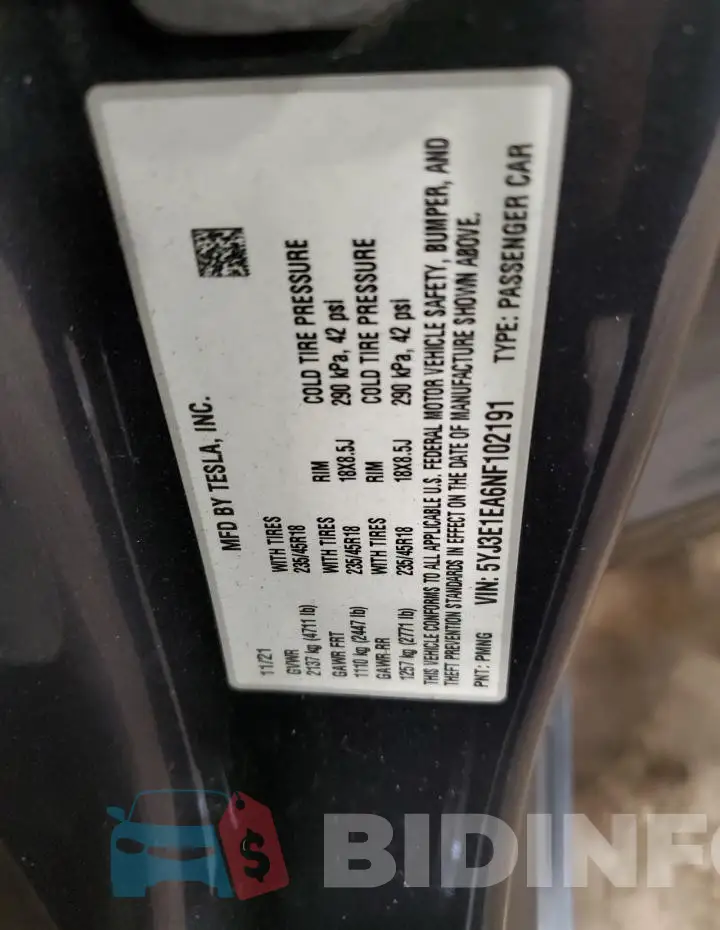 5YJ3E1EA6NF102191 Photo# 12