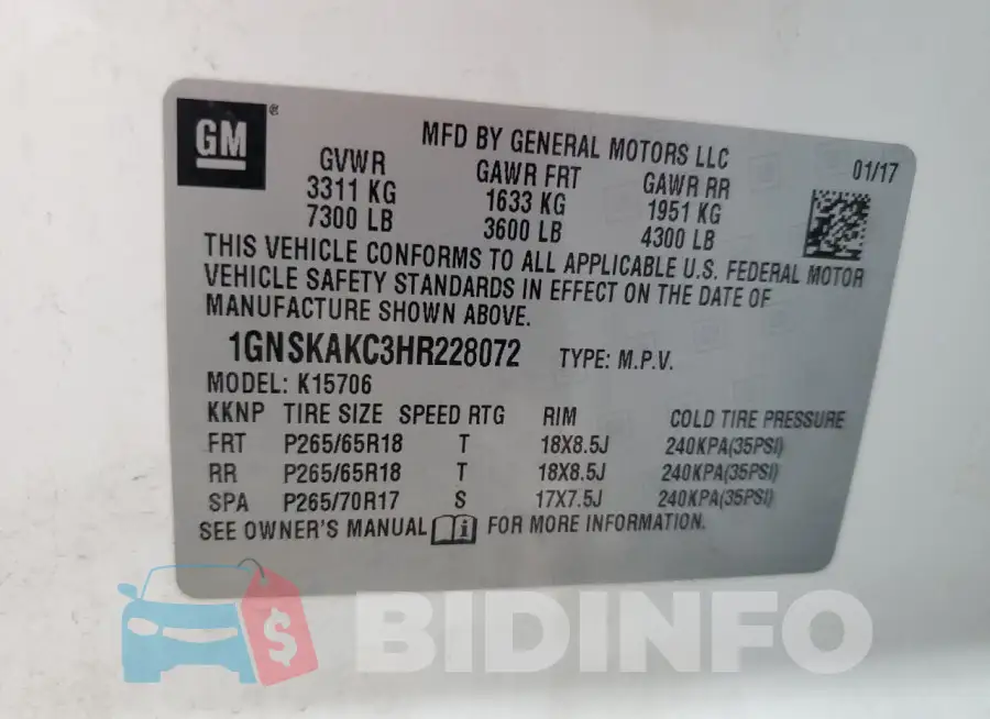 1GNSKAKC3HR228072 Photo# 14