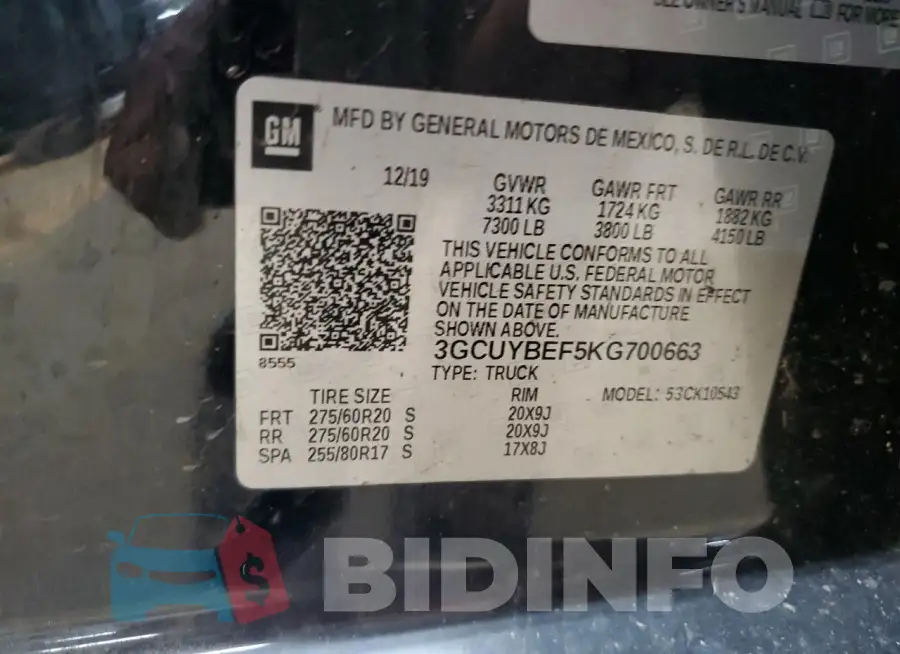 3GCUYBEF5KG700663 Photo# 12