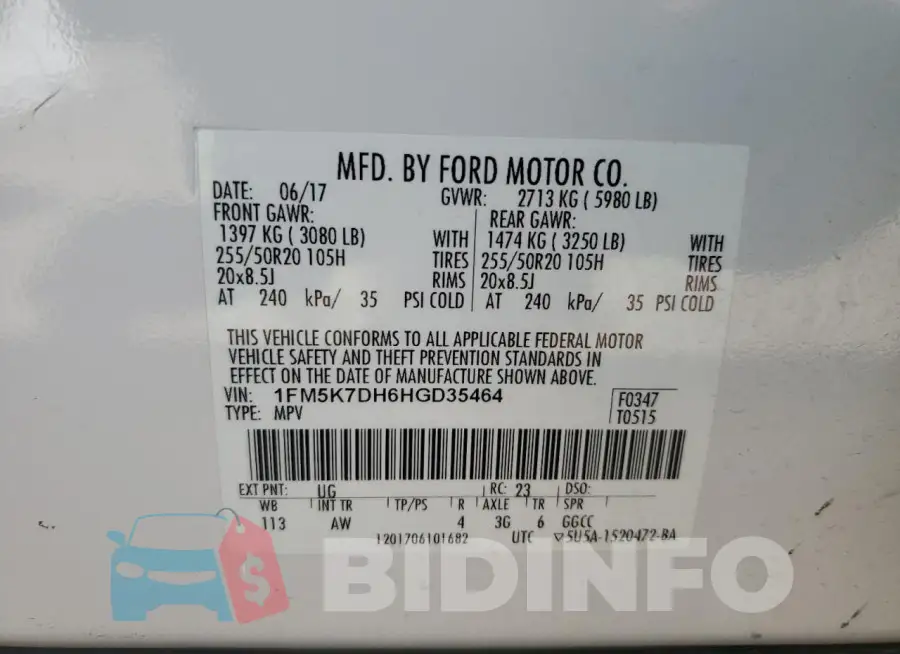 1FM5K7DH6HGD35464 Photo# 13