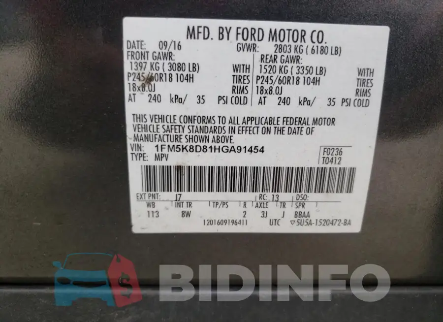 1FM5K8D81HGA91454 Photo# 13